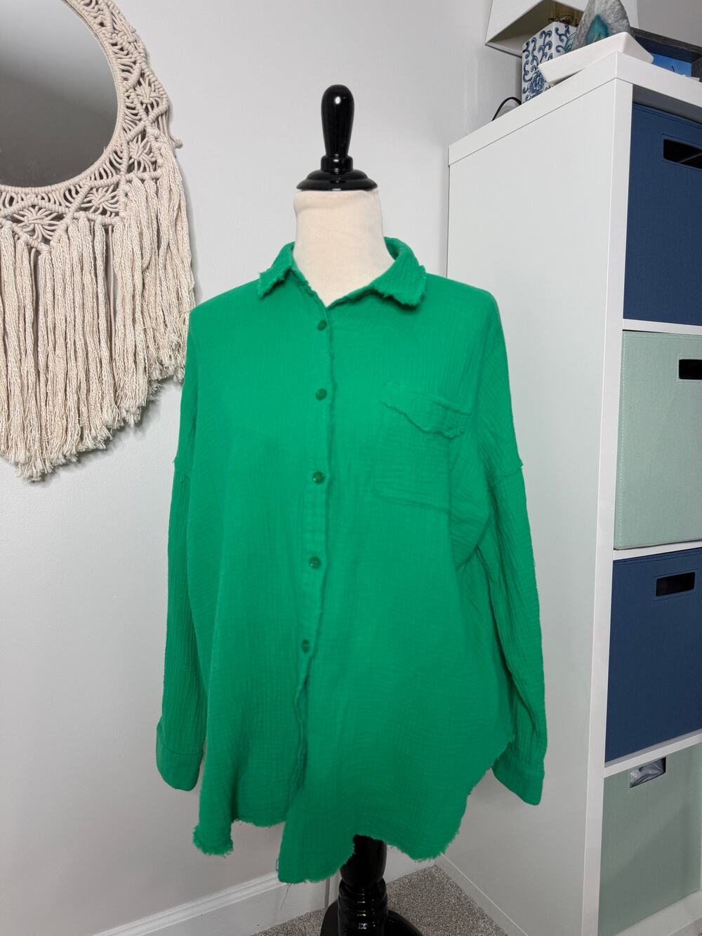 Pink Lily Womens Kelly Green 100% Cotton Oversized Button Up Shirt Top S Holiday